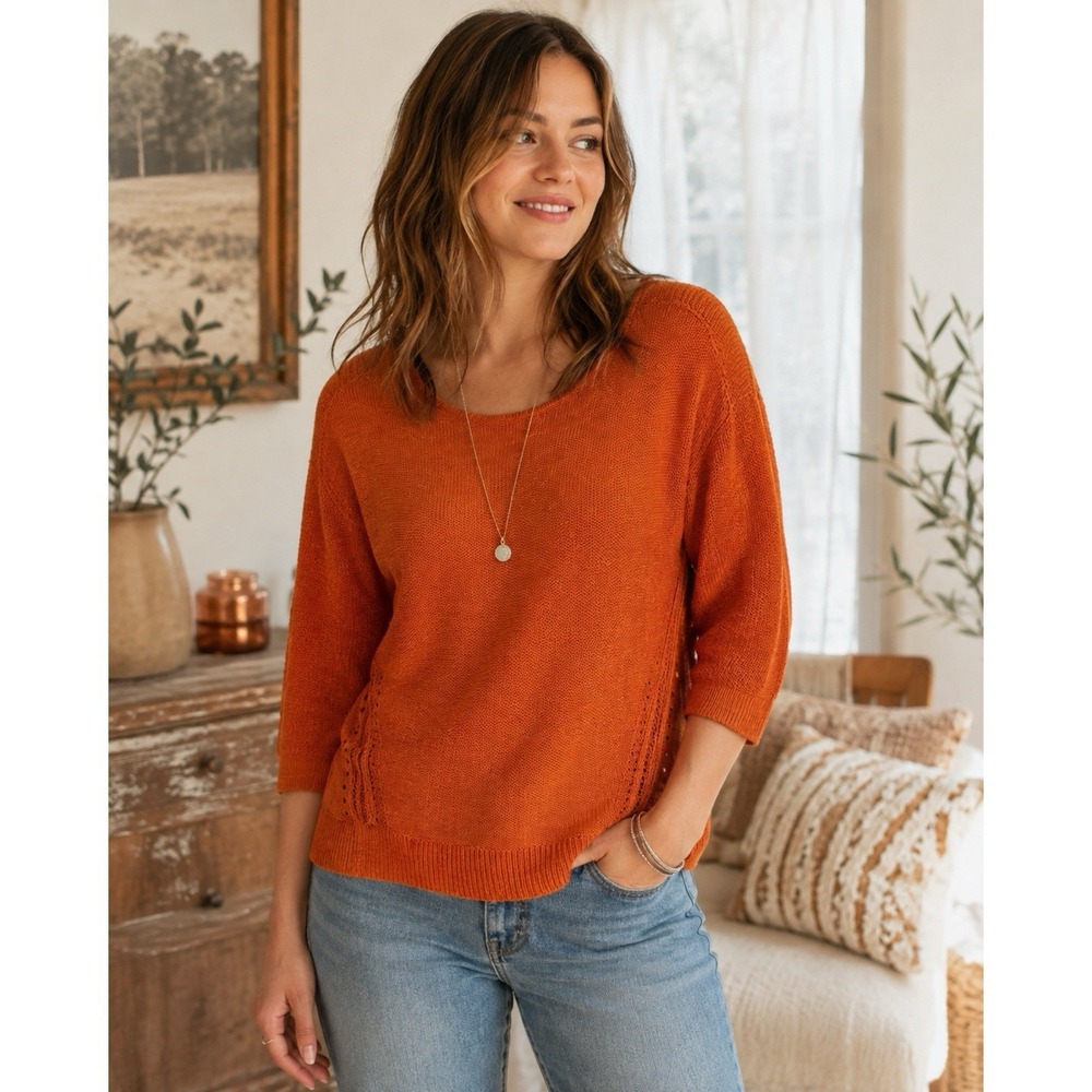 Anthropologie Size Small Rust Orange Knit Sweater 3/4 Sleeve Openwork Pullover